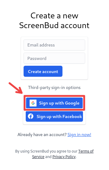 ScreenBud sign up prompt